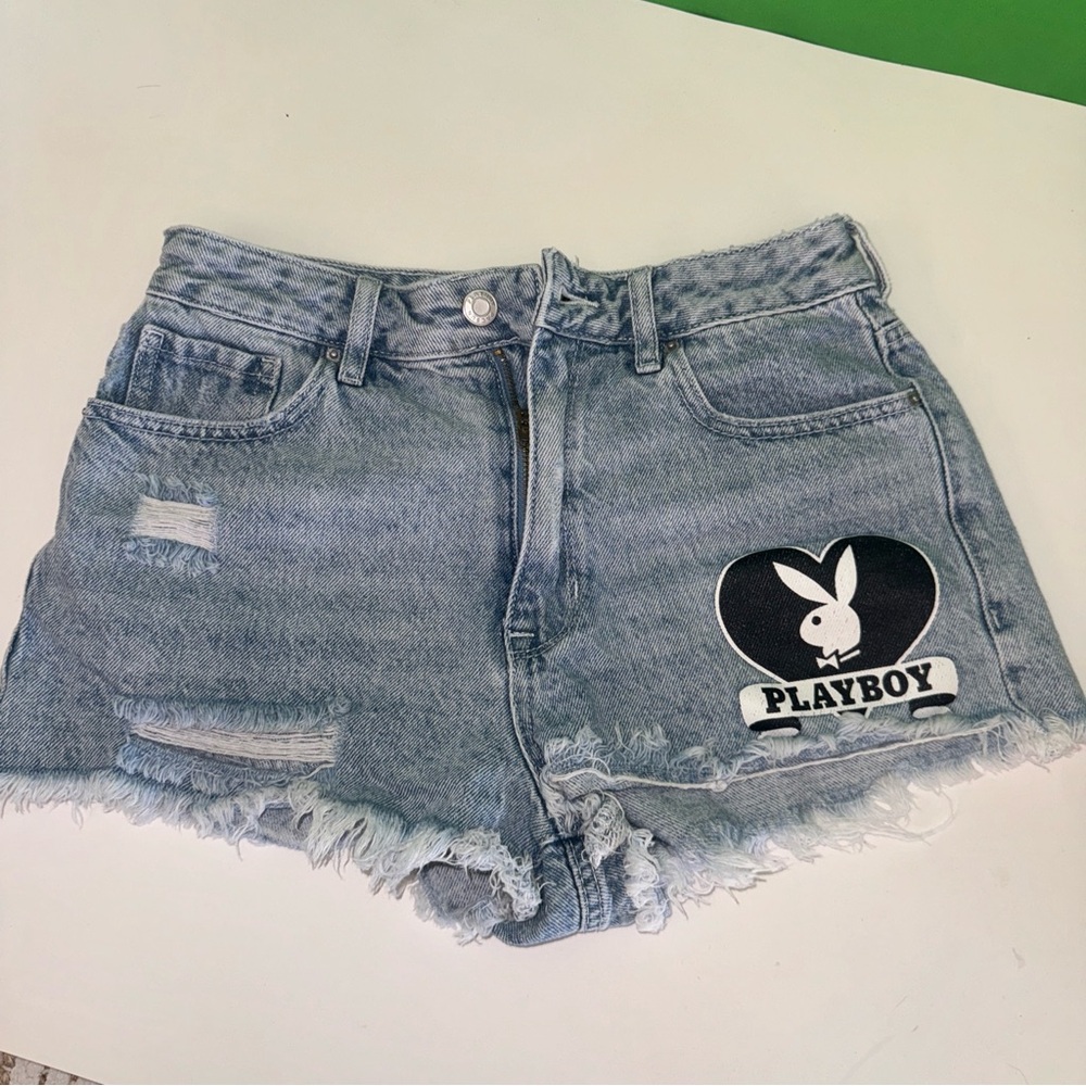 PLAYBOY Women's Distressed Jean Shorts - Light Blue
